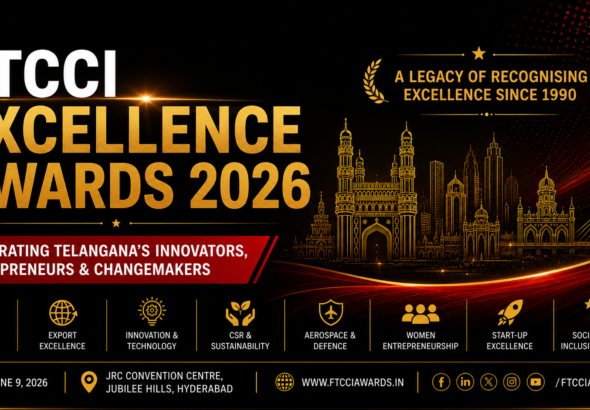 Industry leaders, entrepreneurs and award winners at the FTCCI Excellence Awards 2026 in Hyderabad, where Telangana's top performers in innovation, exports, entrepreneurship and social impact were recognised.