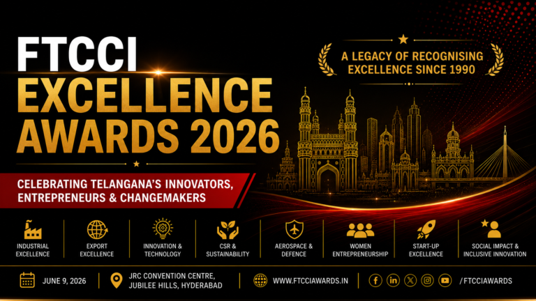 Industry leaders, entrepreneurs and award winners at the FTCCI Excellence Awards 2026 in Hyderabad, where Telangana's top performers in innovation, exports, entrepreneurship and social impact were recognised.